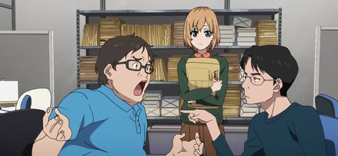 Le réalisateur se fait recadrer par un metteur en scène sous l'oeil d'une chargée de production (Shirobako)