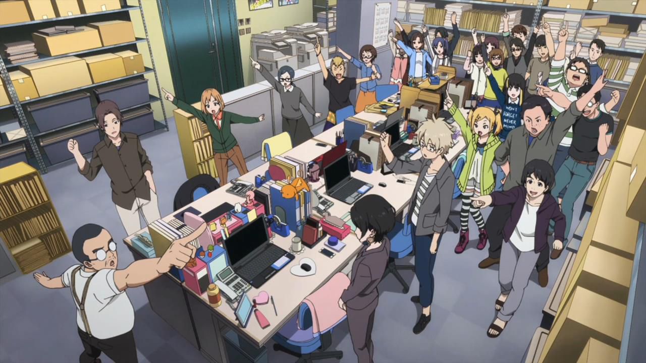 Les membres de l'équipe du studio Musashino (Shirobako) pointent dans des directions différentes